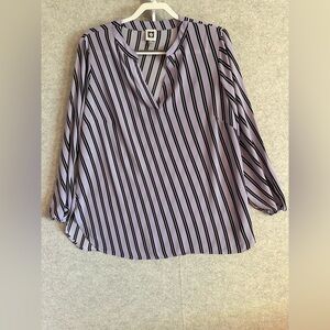 Anne Klein Lavender and Black Striped V-Neck Blouse